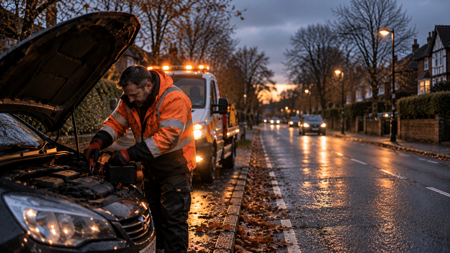 Twilight Breakdown on a Rainy Road